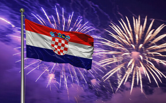 National flag independence state Croatia, background fireworks. AI Generative