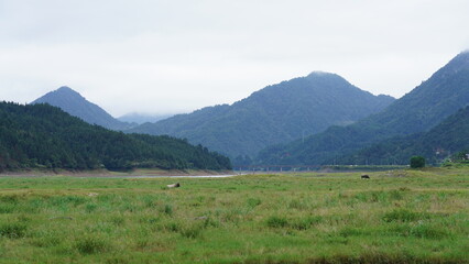 The beautiful mountains landscapes with the green forest and little village as background in the countryside of the China