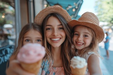 Young mother taking a selfie with her kids while they enjoy ice cream at a cafe outdoors in the street during summer. The image portrays the lively, joyful moments shared between, Generative AI