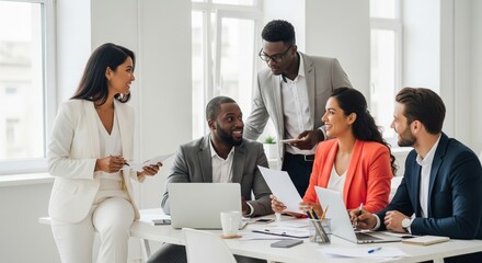 Collaborative meeting with diverse professionals in modern office setting