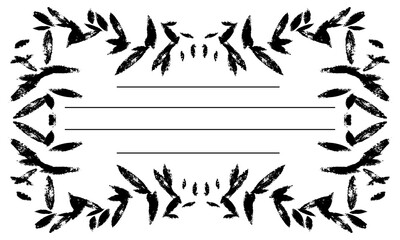 rectangular frame made of branches with poorly printed leaves, worn-out print, grunge, vintage. vector illustration with stripes for writing. template for notebooks and sketchbooks as main page. Black
