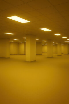 Empty yellow office corridor with fluorescent ceiling lights square columns and carpet creating eerie liminal backrooms atmosphere for abstract architecture mystery and surreal interior background