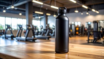 This striking image features a sleek black water bottle designed for fitness enthusiasts, set on a rustic wooden table against a blurred gym background.