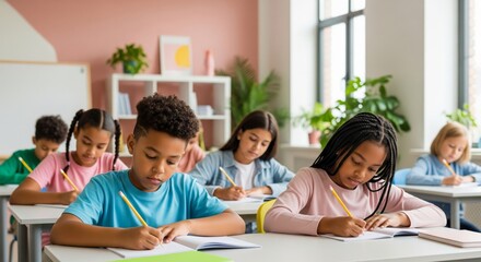 Diverse group of children focused on schoolwork in classroom setting