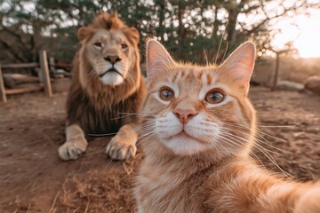 Orange tabby cat selfie with lion