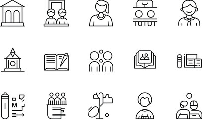 A collection of education and learning related icons in a line art style