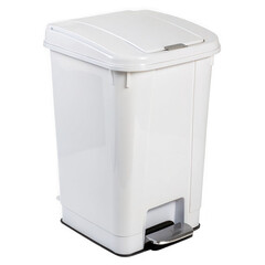 Photo of white plastic trash can with pedal and open lid isolated on transparent background