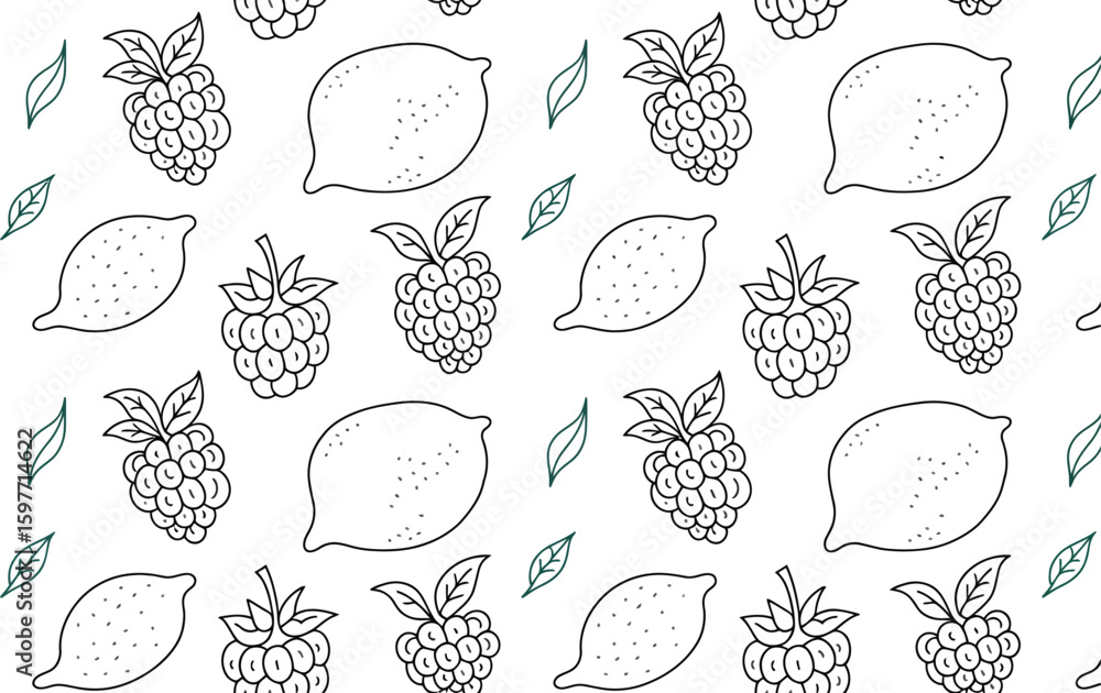 Poster seamless pattern with lemons raspberries and leaves in outline style on white background design for 