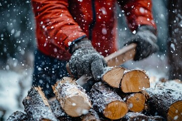 Low section of man chopping wood outdoors during a snowy winter, symbolizing the practical aspects of outdoor work in winter months, Generative AI
