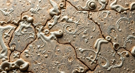Close up of an ornate cracked surface with raised silver designs and textures