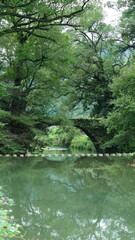 One old traditional Chinese village view with the old arched stone bridge in the Southern countryside of the China