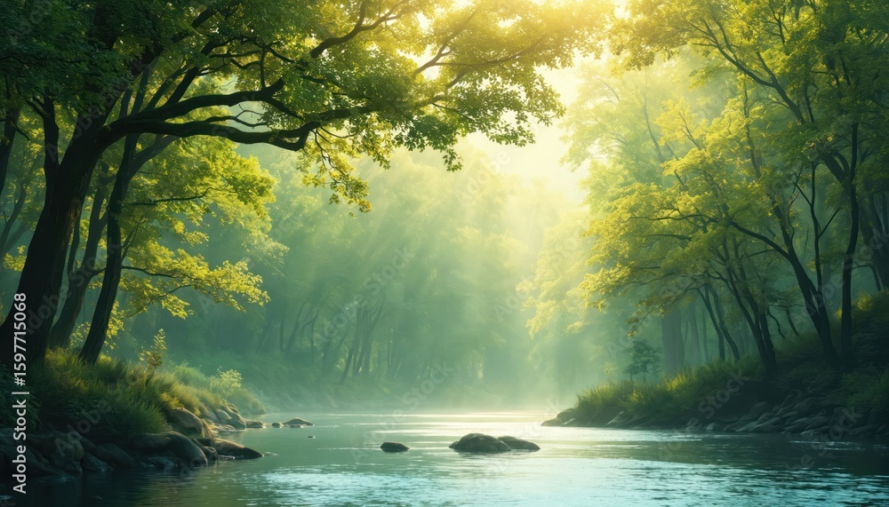 Poster sunlight filters through dense forest canopy, creating serene atmosphere along tranquil river. lush 