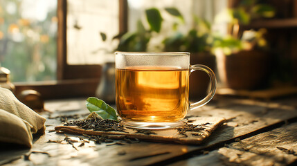 Glass transparent cup of black tea and dry tea in bags on the background of scattered tea leaves on the old wooden background, selective focus