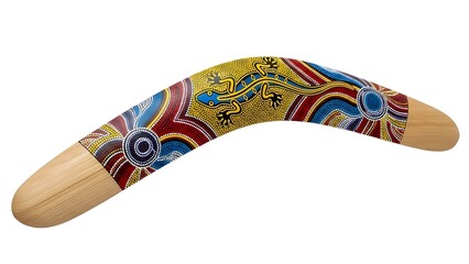 Authentic aboriginal boomerang with lizard art traditional australian souvenir collectible wood design on transparent background