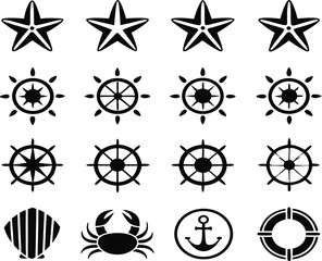 Nautical icons starfish ship wheel crab anchor silhouette