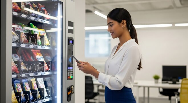 Hispanic female adult using smartphone to buy snacks from office vending machine