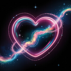 Glowing neon heart with cosmic energy swirl and galaxy background in romantic futuristic space art style
