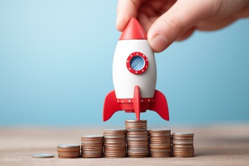Hands lifting rocket model over coins