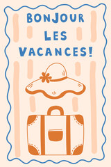 Naklejka premium Summer Vacation Sketch Poster. Hand drawn Vintage La Dolce Vita Card with Travel Suitcase and Hat. French Handwriting Lettering Phrase Frame Stripes. Vector illustration