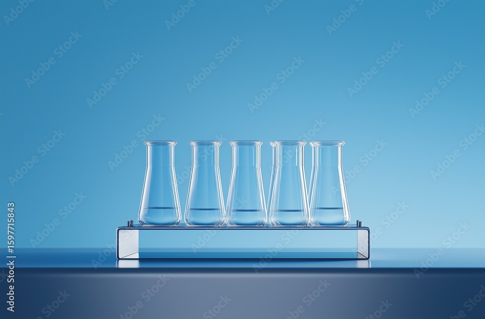 Poster clear rectangular base with five fully filled test tubes isolated on blue background showcasing scie