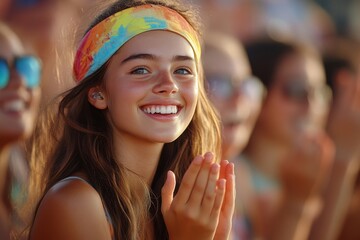 Teenagers enjoying themselves at a summer music festival, clapping and singing along. This image captures the excitement and social energy of youth culture at live events, Generative AI