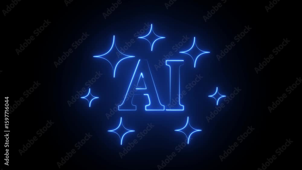 Poster glowing neon generative ai logo icon . search icon with magic sparkle stars symbol , artificial inte