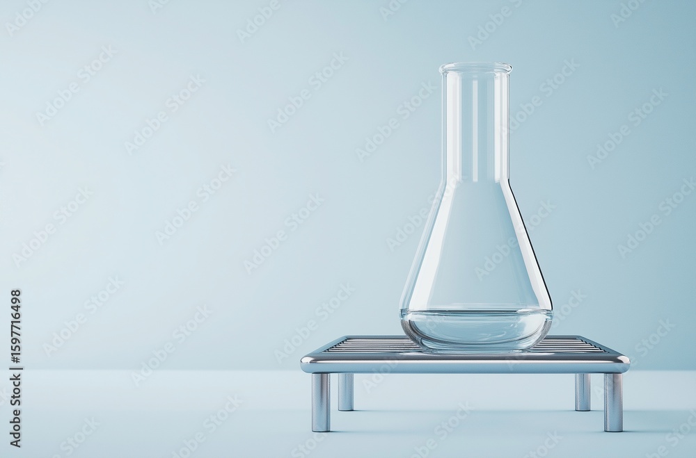 Poster photorealistic rendering of empty glass beaker on metal stand against clean light blue background sy