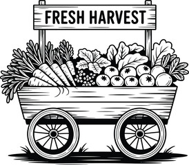A black and white drawing of a harvest cart filled with fresh vegetables and a fresh harvest sign