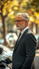 Mature businessman waiting for his electric car to charge, symbolizing the growing adoption of sustainable energy practices in professional and personal life, Generative AI