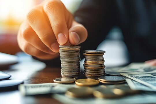 Close-up of businessman's hands stacking coins for savings and financial management concepts with blurred office background