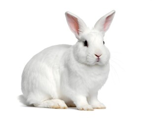 Obraz premium White rabbit sitting with paws tucked and ears upright isolated on pure white background, showcasing soft fur texture, alert posture, and calm demeanor 
