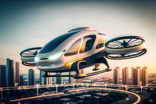 Passenger Autonomous Aerial Vehicle AAV. Future of urban air mobility. Urban Air Mobility. Public aerial transportation. Autonomous driverless aerial vehicle fly through night city