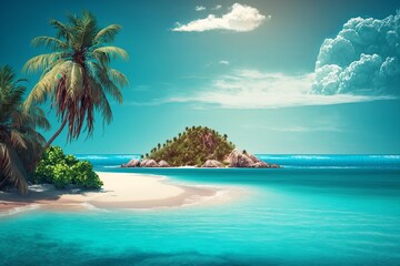 Sandy tropical beach with island on background. Summer vacation, tropical beach with turquoise water. 