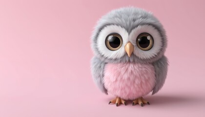 Cute cartoon owl with big eyes, fluffy feathers. Adorable bird features playful design in grey, pink tones, set against simple pink background. 3d render style makes charming character for whimsical