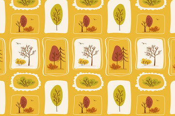 Stylized Autumn Tree Grid Pattern in Yellow Tones. Modern and cheerful seamless grid with cartoon trees in warm yellow, red, and green squares. Clean and decorative for fabric and packaging.