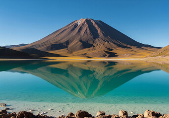 A breathtaking view of a majestic snow-capped volcano perfectly reflected in the calm, turquoise waters of a high-altitude salt lake under a clear blue sky