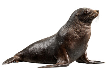 A dark brown fur seal sits and looks up, isolated on transparent background