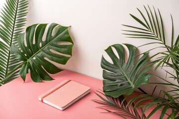 Lush green monstera and palm leaves are artfully arranged with a pink notebook on a minimalist desk
