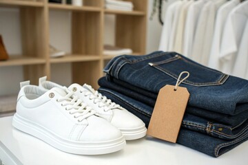A pair of crisp white sneakers rests beside a neat stack of dark denim jeans with a rustic brown tag