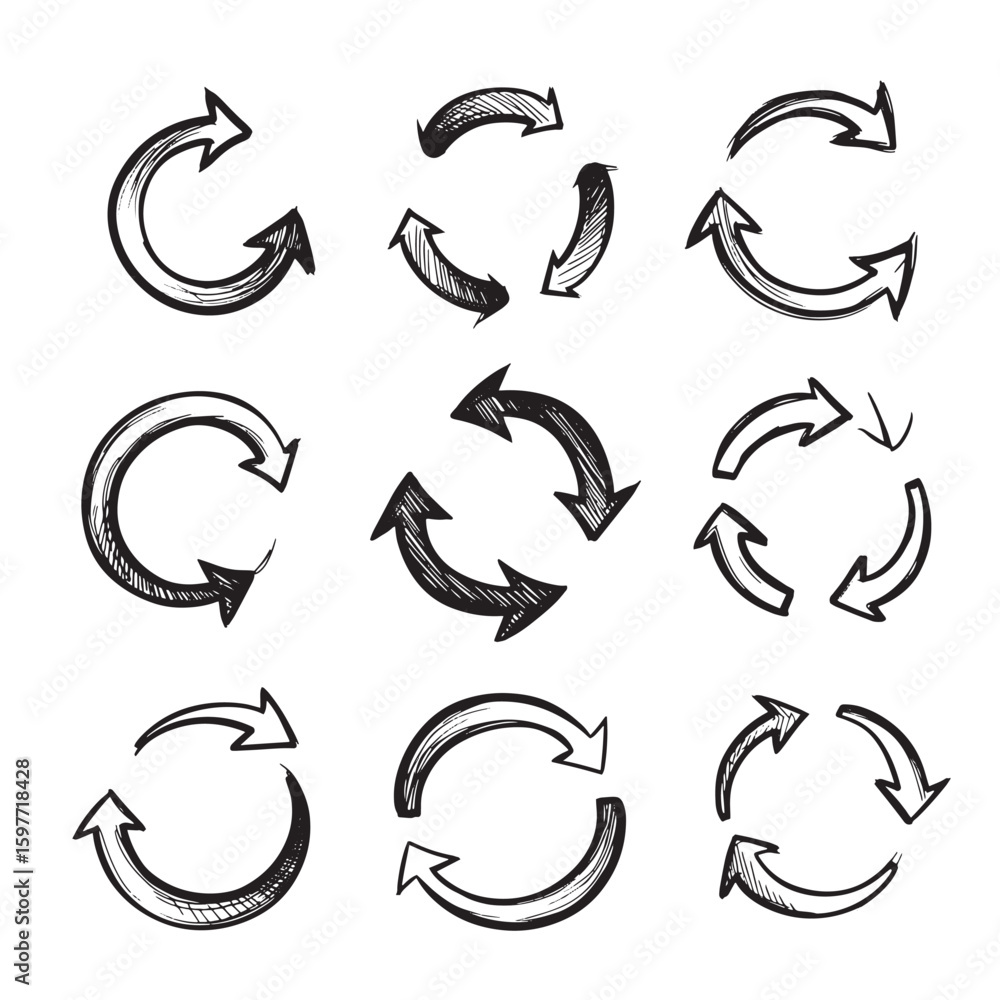 Poster hand drawn arrow collection in sketchy style depicting direction and circular design elements on a w