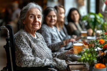Senior woman in a wheelchair sitting at a table with family at home, enjoying a drink. This image emphasizes the inclusivity and support that family members provide for elderly, Generative AI