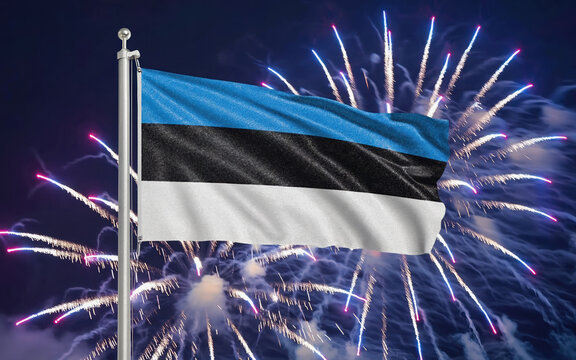 National flag independence state Estonia, background fireworks. AI Generative