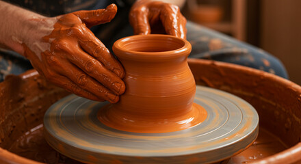 Potter's hands shaping wet clay on spinning wheel in rustic workshop