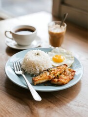 Pinoy breakfast — steaming rice, fried fish or eggs, hot coffee