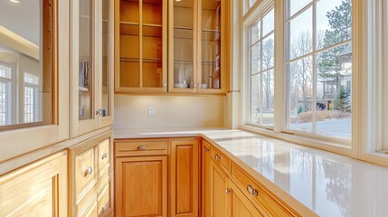 Light-filled kitchen nook with wooden cabinetry and large windows.