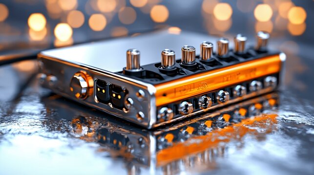 Chrome and Orange Guitar Effects Pedal on Reflective Surface - Powered by Adobe