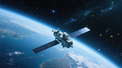 Realistic 3D rendering of a satellite floating above Earth in outer space with curved horizon and star-filled background, symbolizing global communication and geostationary orbit technology