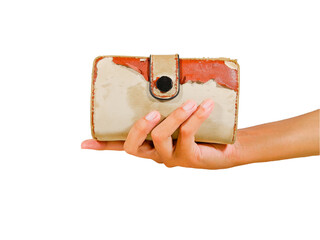 holding a brown and damaged folding wallet with synthetic leather and zipper that no longer works...