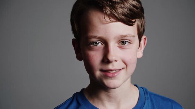Young Caucasian boy wearing blue t shirt expressing varied emotions through nuanced facial shifts while maintaining direct camera engagement against neutral gray studio backdrop