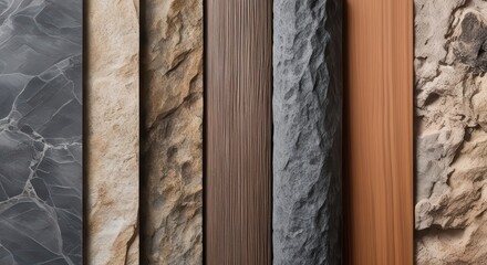 A display of various textures including marble, wood, and stone side by side panels